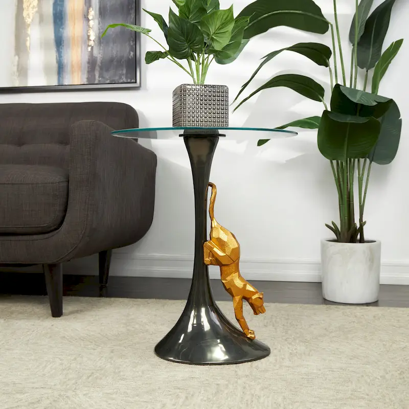 Aluminum Metal Leopard Accent Table with Gold Leopard Accent and Tempered Glass Top - Black