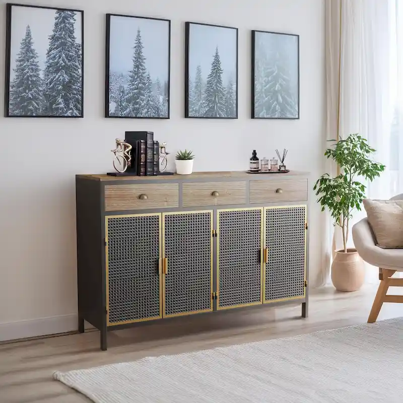 Dark Gray Polished Sideboard, 3 Drawers & 4 Doors, 1-Person Assembly