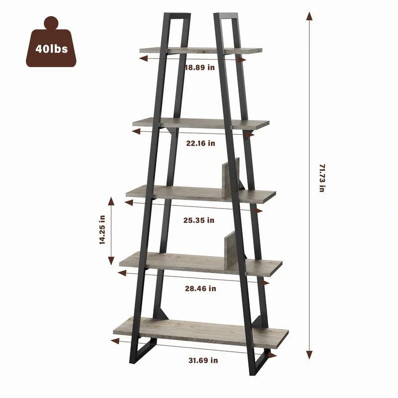 5-Tier Bookshelf - Oak/Grey - Industrial Style - Adult