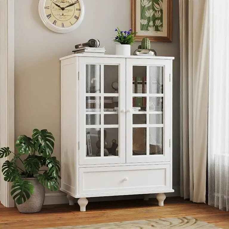 White Buffet Cabinet with Glass Doors & Drawer — MDF, 1-2 Person Assembly