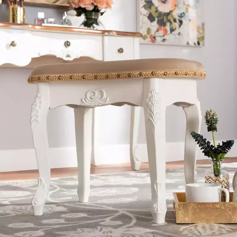 Gabrielle Velvet Fabric Upholstered Wood Vanity Ottoman Sand/White/Gold - Baxton Studio: French-Inspired, Brass Nailhead Detail, Cabriole Legs