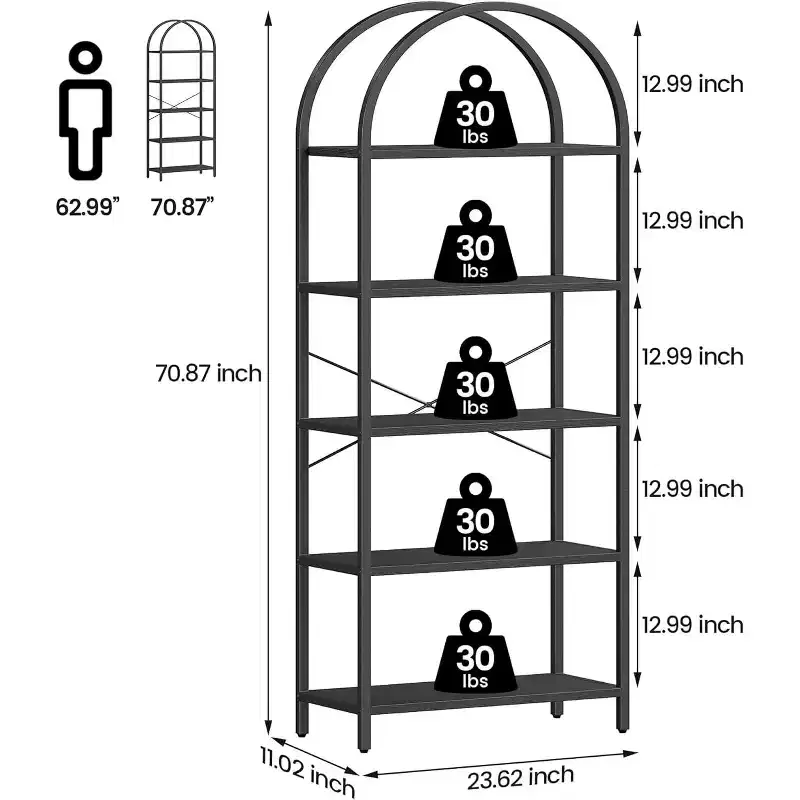 5-Tier Modern Arched Bookshelf  Tall Metal Frame & Wood Shelves for Living Room, Bedroom, or Home Office Storage