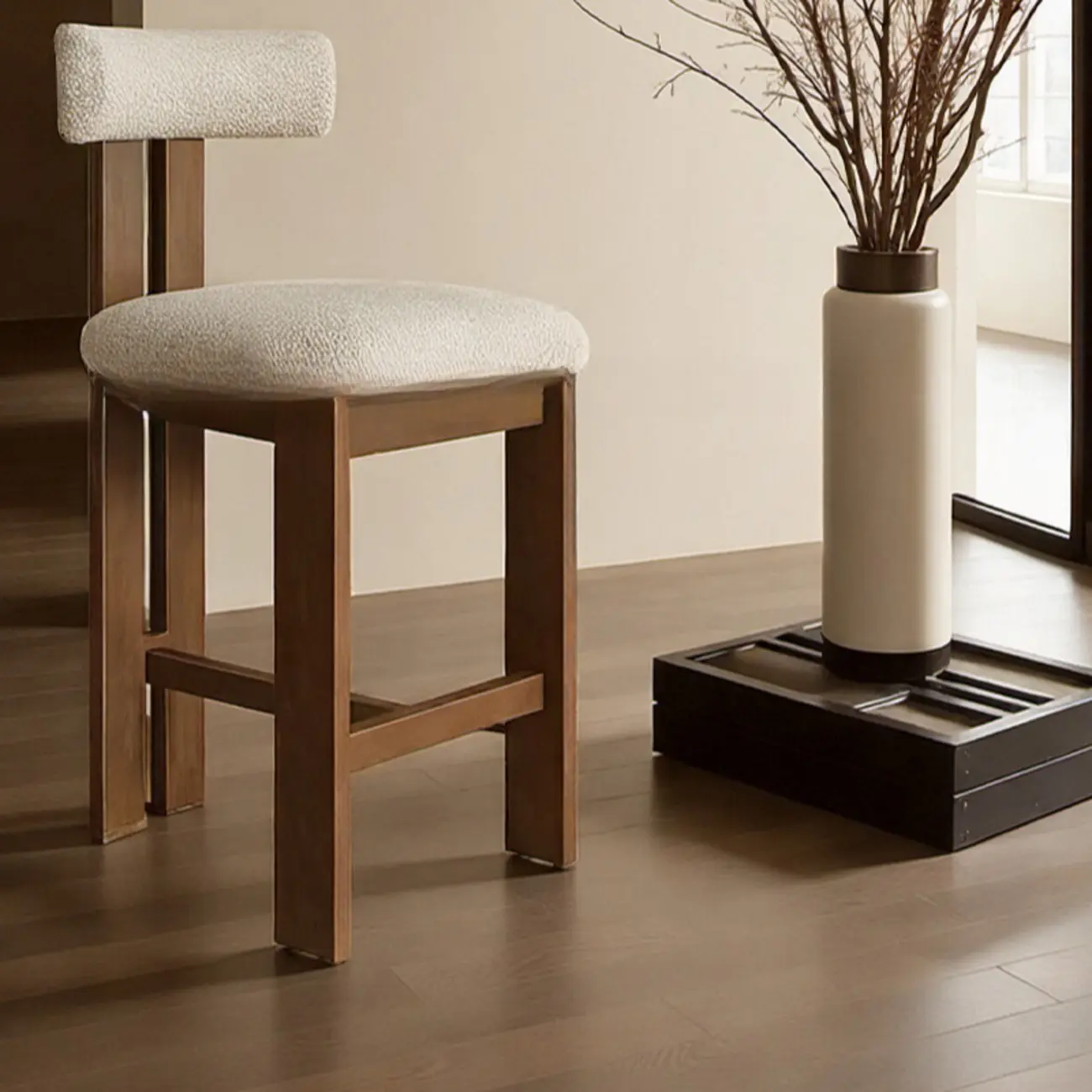 White Boucle Fabric Brown Wood Armless Bar Stools