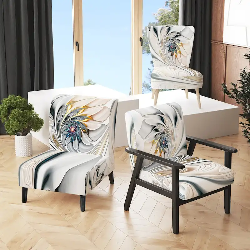 White Stained Glass Floral Upholstered Floral Accent Chair