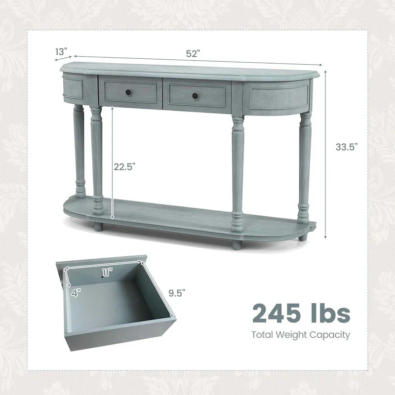 Blue Retro Console Table with 2 Drawers and Shelf