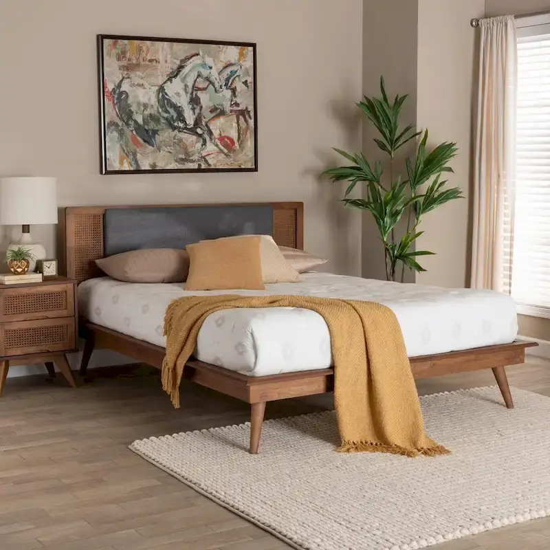 Mid-Century Modern Dark Grey Fabric and Walnut Brown Finished Wood Platform Bed