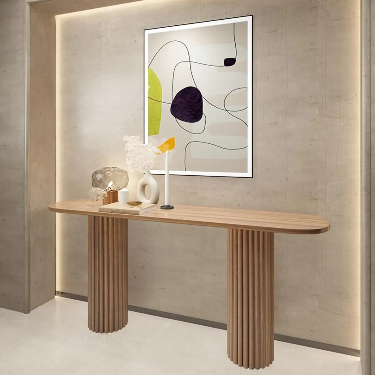 Natural Oval Wooden Double Pedestal Console Table