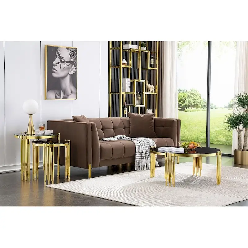 Modern 36 Round Coffee Table with Tempered Glass Top and Polished Chime-Shaped Legs
