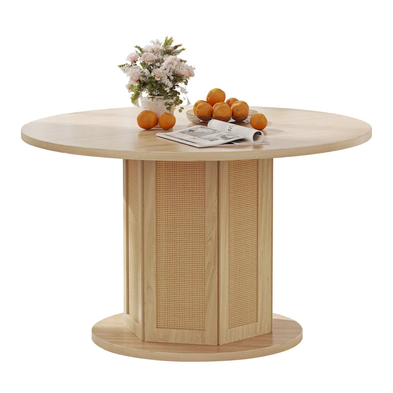 Round Pedestal Dining Table for 4 with Rattan Circular Base