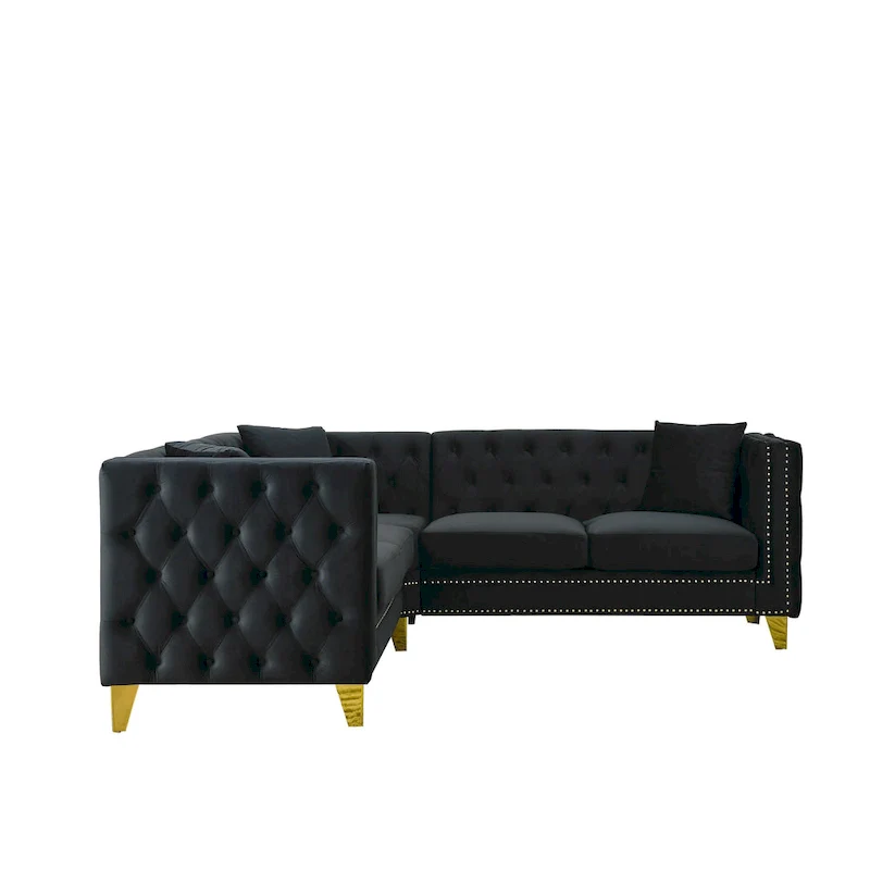 Black 82.2 Velvet Chesterfield L-Shaped 5-Seater Sectional Sofa with Nailhead Trim, Metal Legs, and Tufted Cushions