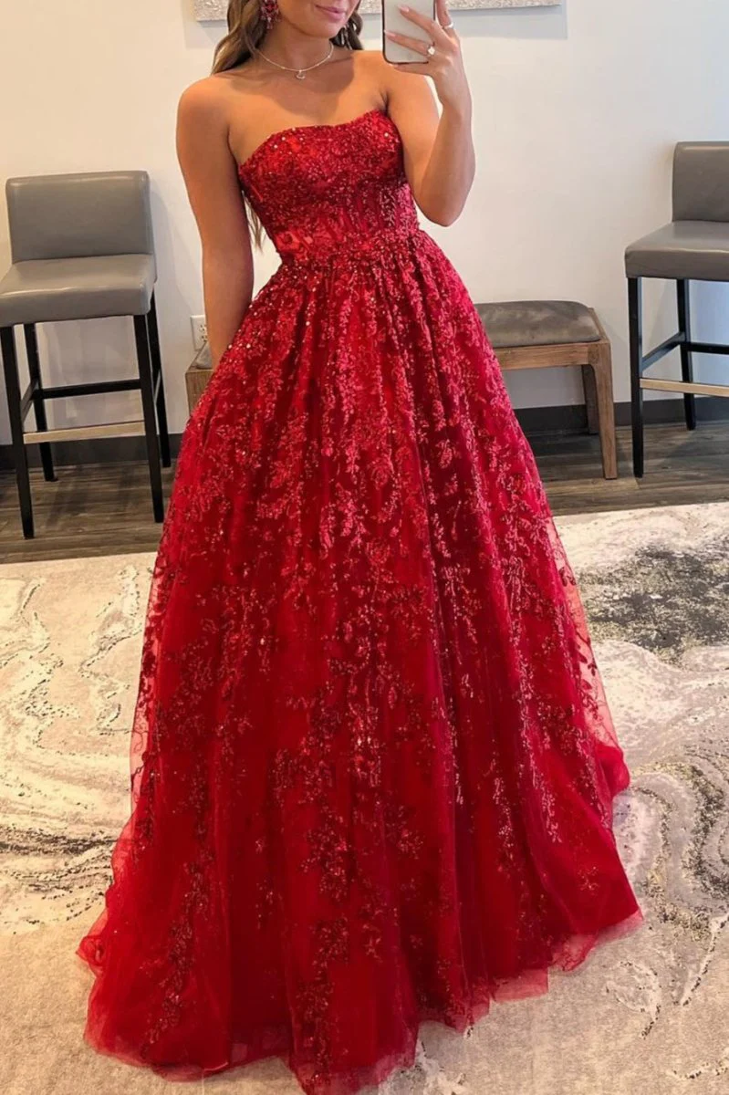 A-line Sequined Lace Long Prom Dress with Pockets