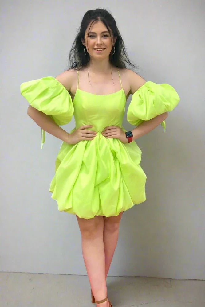 Lemon Green A-line Ruffle Homecoming Dress with Detachable Sleeves