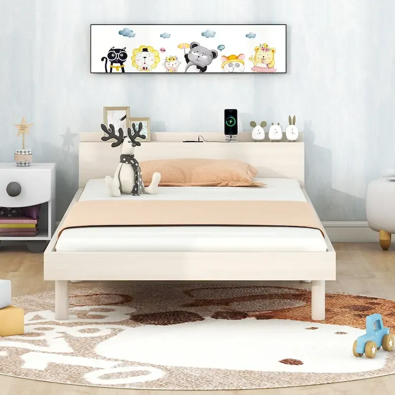 White Washed Twin Platform Bed with USB Headboard, Sleeps 1