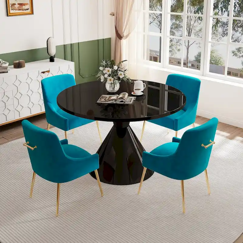 48 Light Luxury Black High Gloss Large Countertop Dining Table with Velvet Dining Chair Set