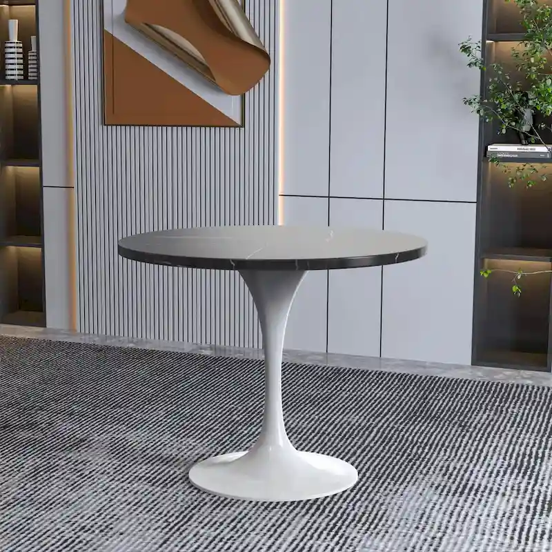 Verve Dining Table with a 36 Round Tabletop in White Steel Pedestal