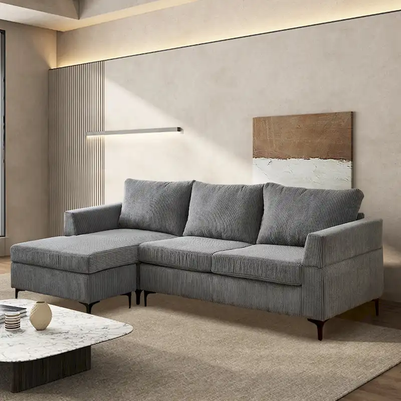 Grey / Black / Camel L-Shaped Reversible Chaise Sofa, Polyester Fabric, 2-Seat