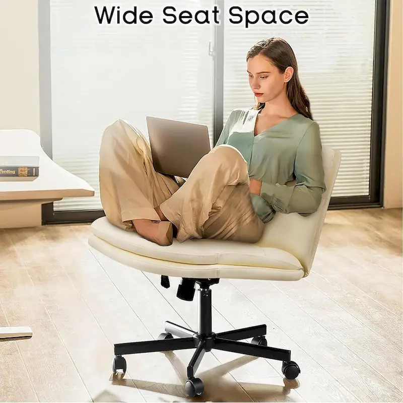 Cross Chair with Wheels,PU Leather Armless Cross Legged Office chair, Adjustable Wide Seat Task Vanity Chair