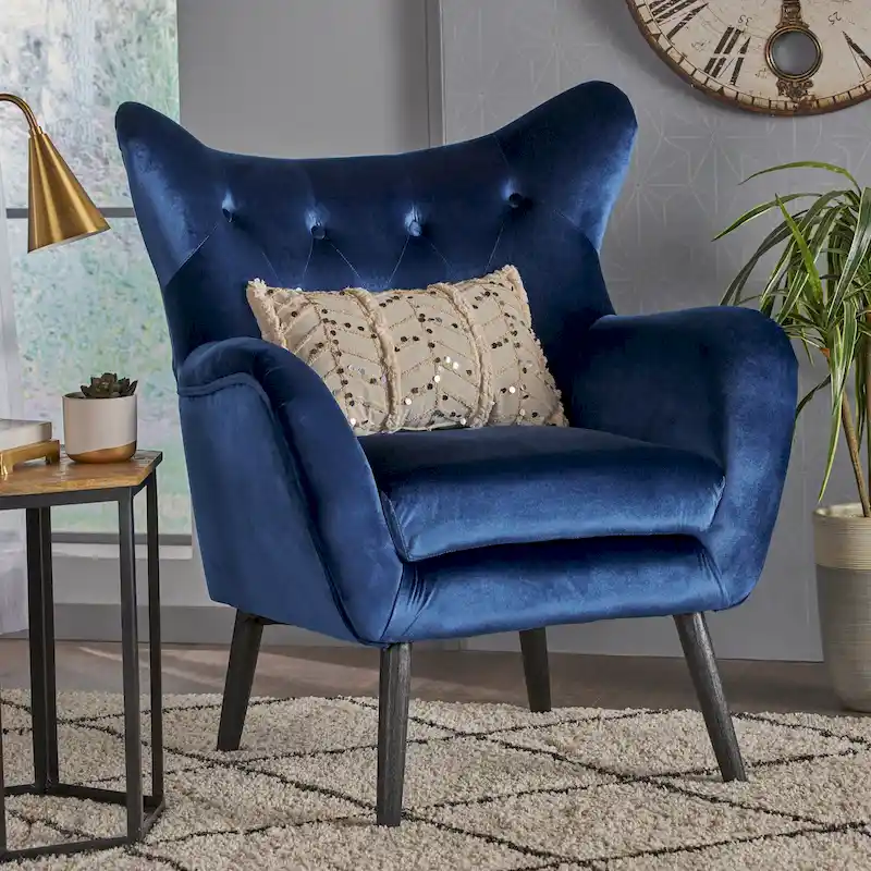 Navy Blue Velvet Wingback Accent Chair, Single Seat