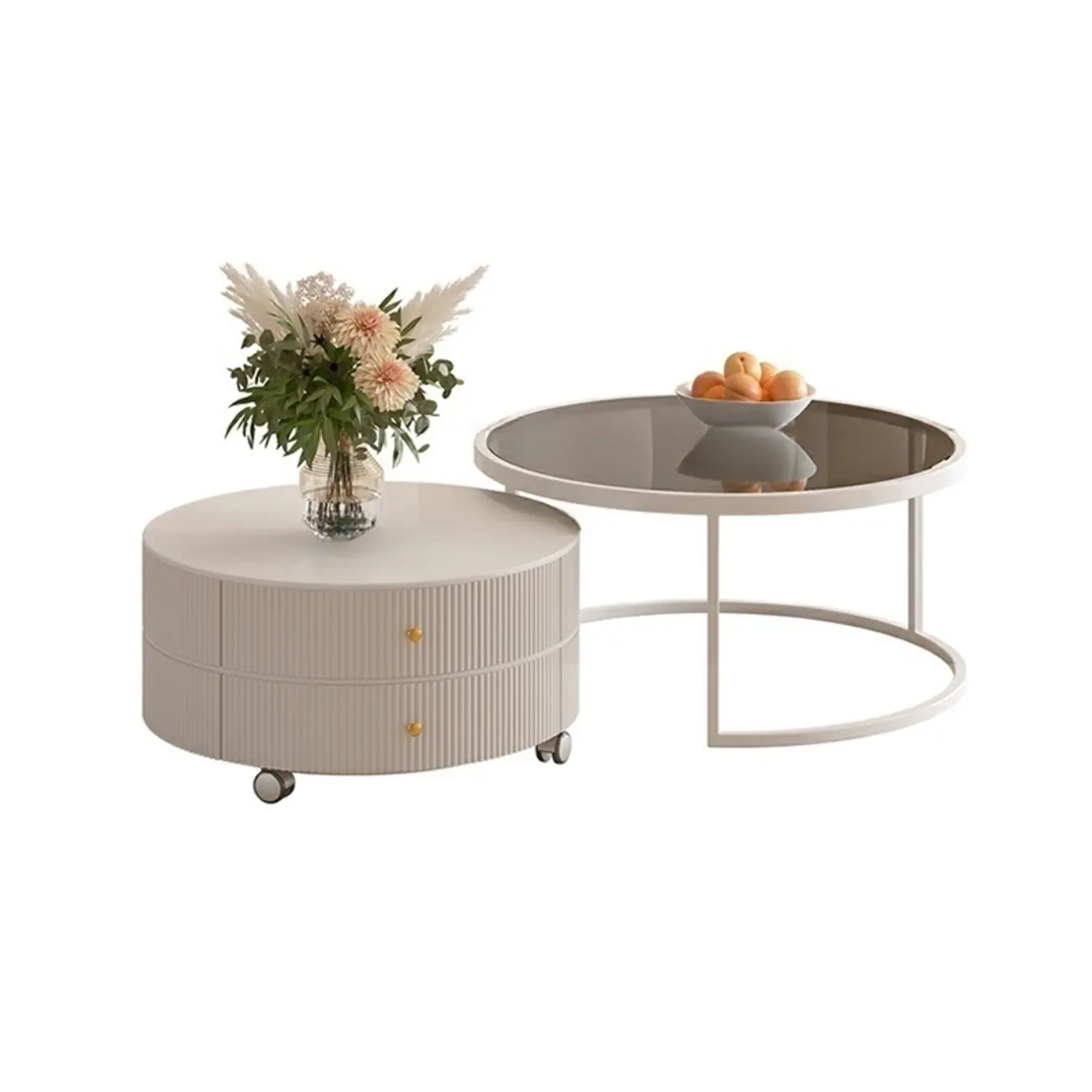 White Round Wheeled Round Wood Drawer Coffee Table