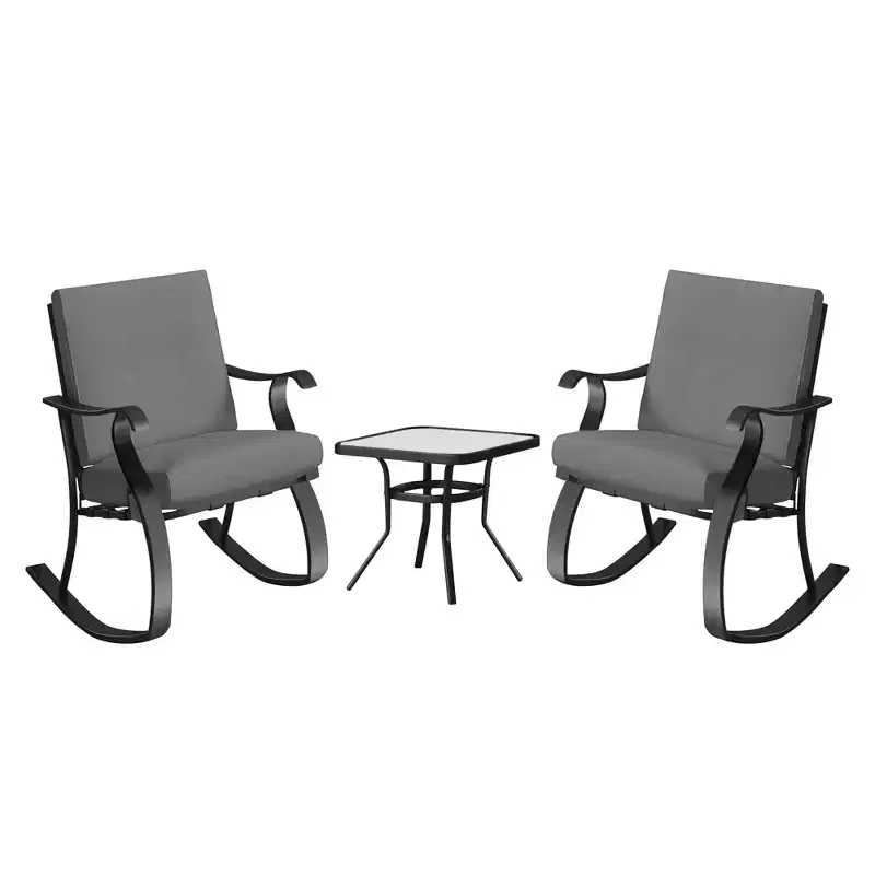 Four Seasons Courtyard Gramercy 3 Piece Cushioned Rocking Chairs Outdoor Backyard Patio Furniture Bistro Set with Square Side Table, Charcoal Gray