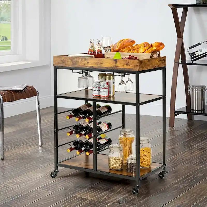 Gymax 3-Tier Rolling Kitchen Serving Cart Utility Trolley w/ Wine - See Details