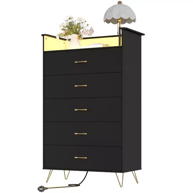 5 Drawer Dresser with Charging Station & LED Lights  Tall Wooden Chest for Bedroom, Living Room, Hallway  Space-Saving Narrow Storage Cabinet
