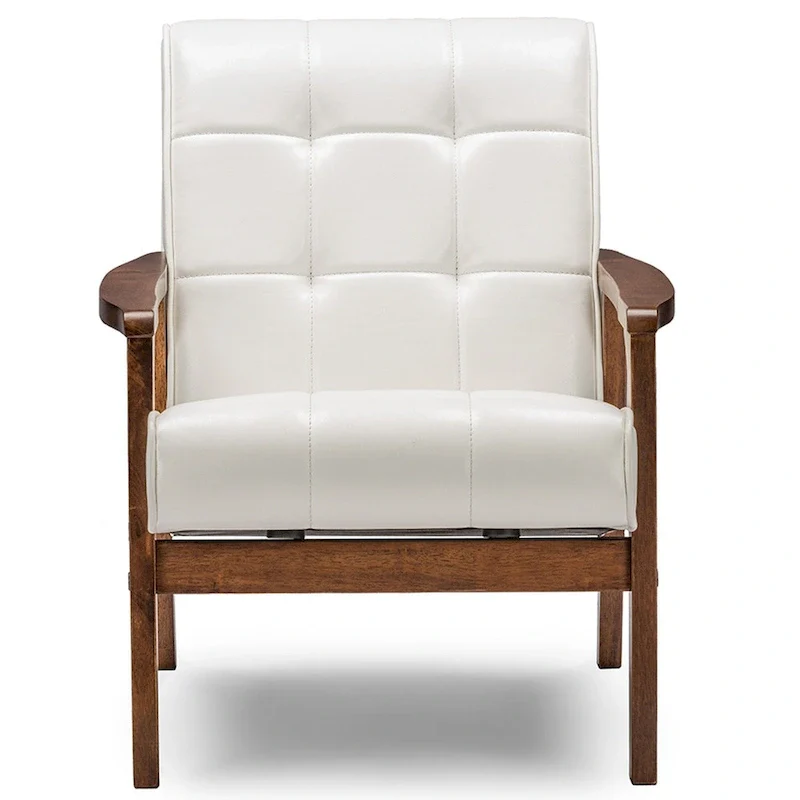 Mid-Century White Faux Leather Tufted Club Chair with Rubberwood Frame