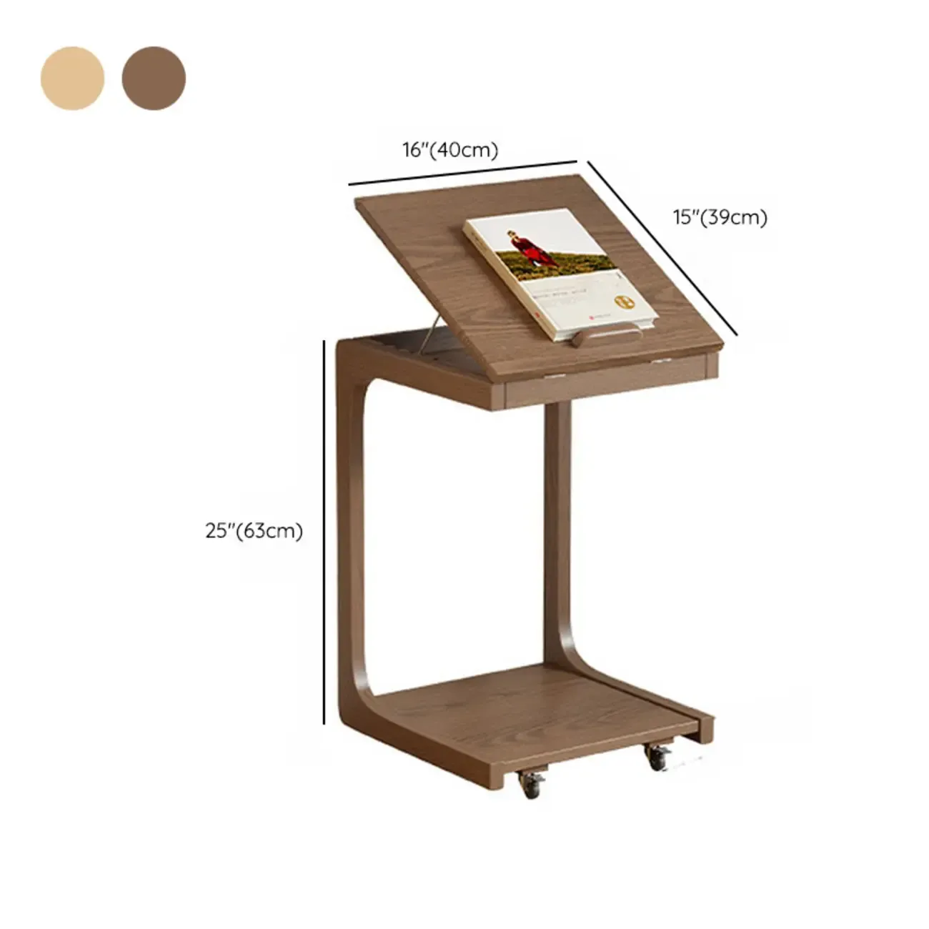 Adjustable Tabletop Wood C Shaped Side Table with Wheels
