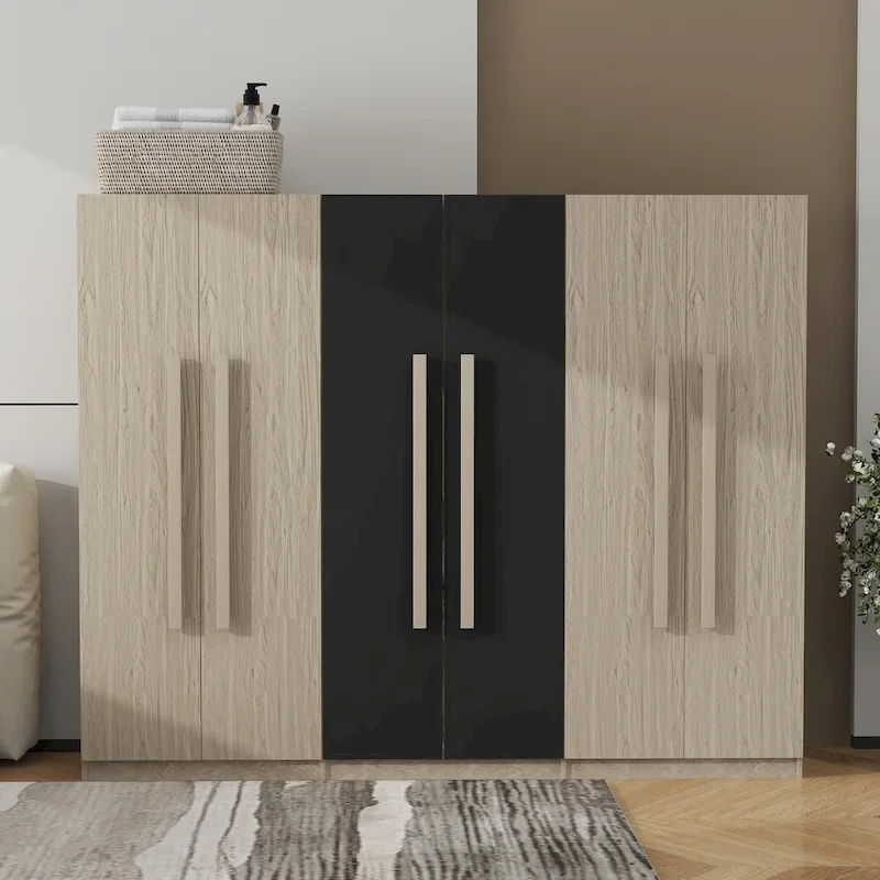 6-Door Wooden Wardrobe with Drawers, White & Natural / Black & Natural, 1-Person