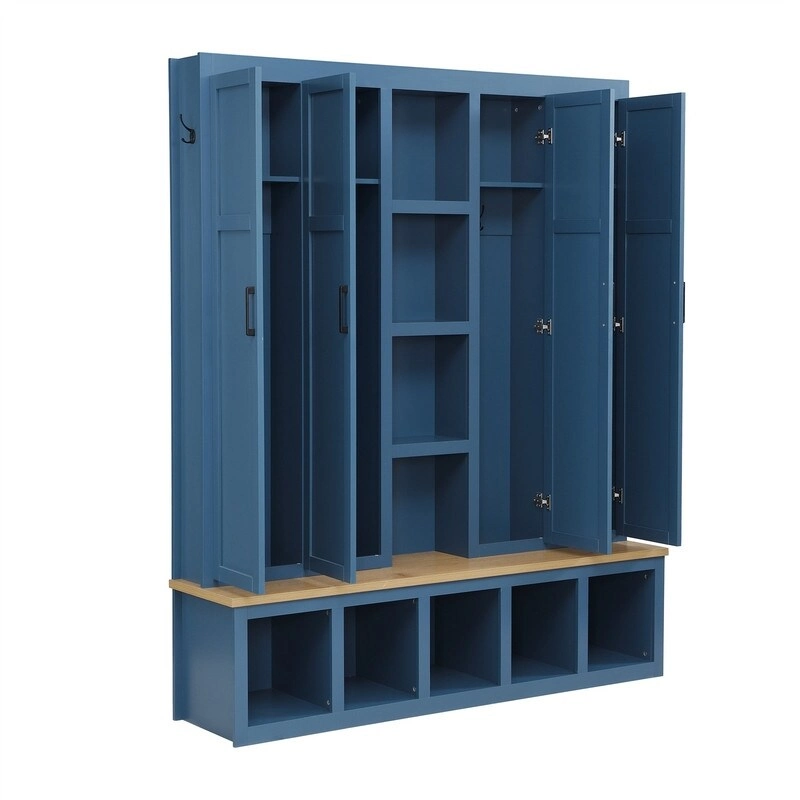 Farmhouse 4-in-1 Hall Tree with Open Display Shelves, Mudroom Shoe Bench with Open Compartments, Entryway Coat Rack with 6 Hooks