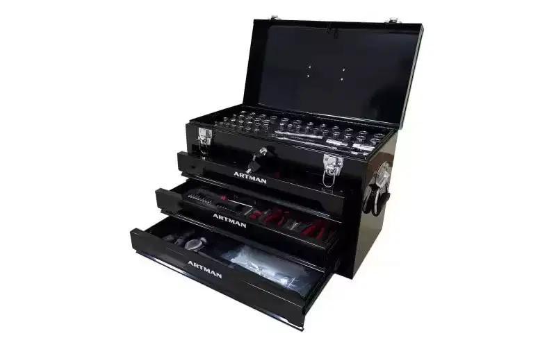 Heavy-duty steel tool cabinet with 3 ball-bearing drawers and top storage bin - Lockable design for garages, workshops, and warehouses black