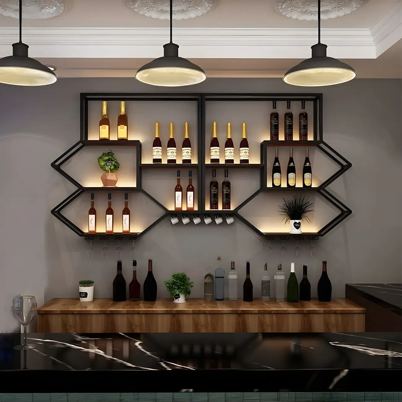 Black Metal Wall-Mounted Lighted Wine Rack