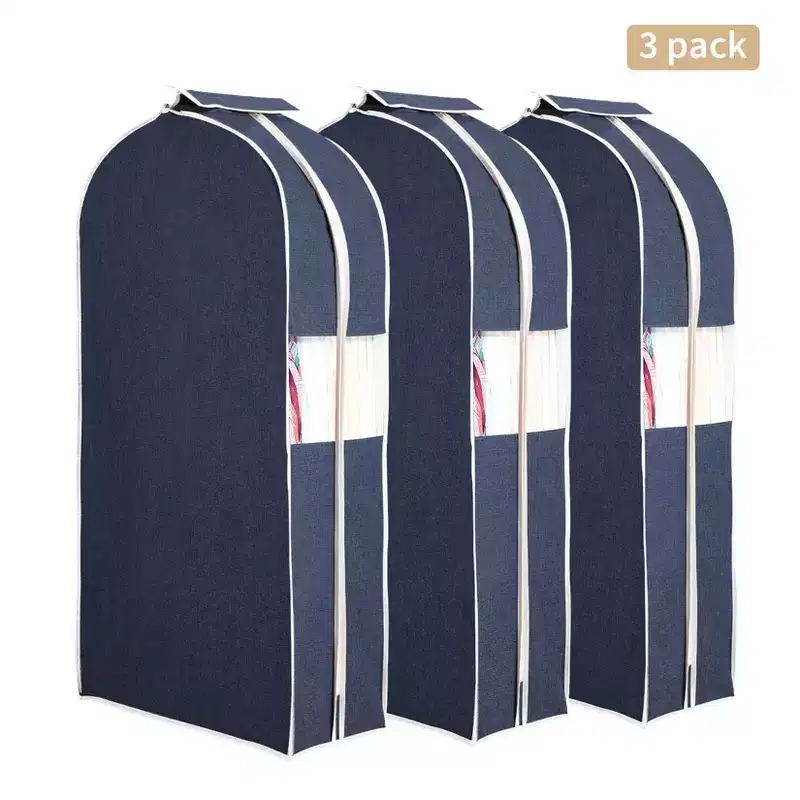 3 Pack 47 Cotton Linen Garment Bags, Hanging Storage with Clear Window & 10 Gusset, Breathable Dust Cover for Suits, Jackets, Coats, Navy