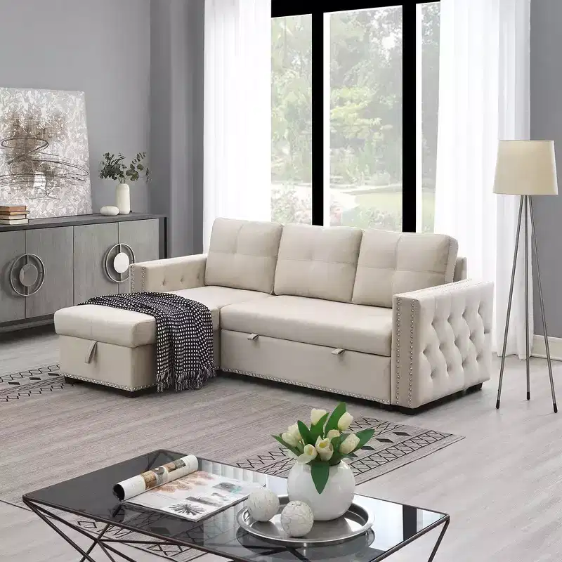 Velvet Sectional Sleeper Sofa Bed Button Tufted Couch with Reversible Storage Chaise - Morden Fort