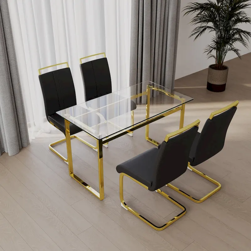 Modern Style 5-Piece Dining Set with Rectangular Tempered Glass Table and High Back Golden Plating Legs Dining Armless Chairs