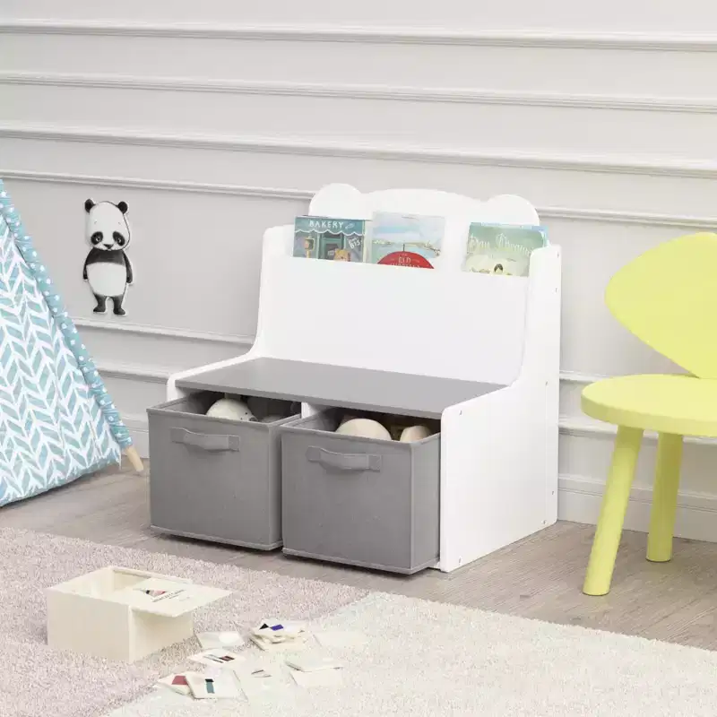 Kids Bookshelf with Fabric Storage Bins, Toy Organizer for Toddlers, Bookcase Book Rack, White - ModernLuxe