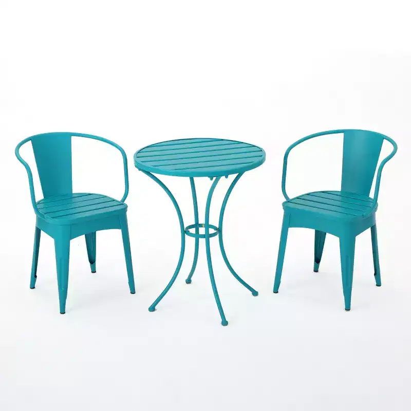 GDFStudio Hobart Outdoor 3 Piece Iron Bistro Set with Metal Slatted Chairs and Round Table