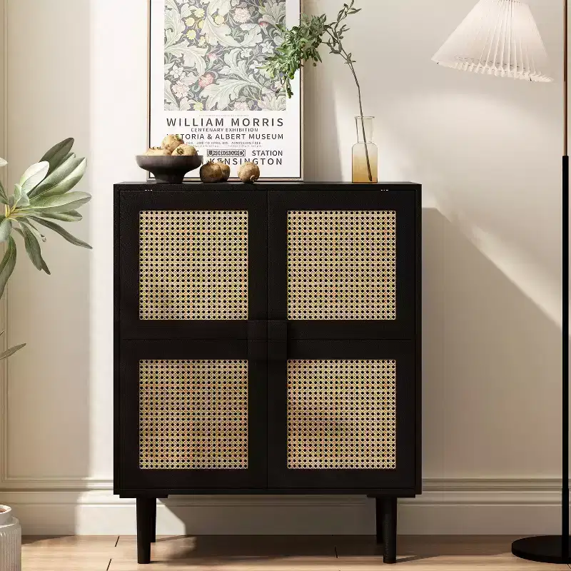 4-Door Rattan Mesh Storage Cabinet, 8-Shelf Sideboard with Diamond Handles for Entryway/Living Room Storage, Natural/Black/Gray - ModernLuxe