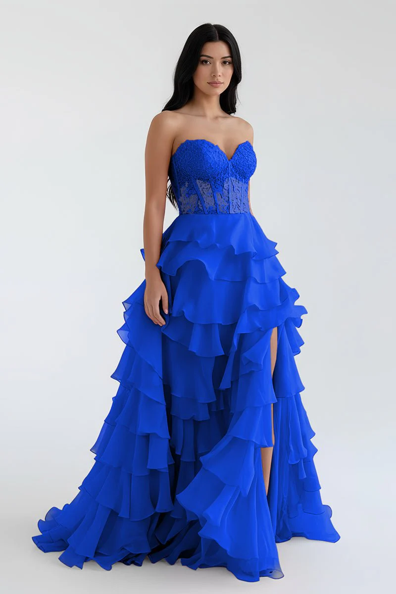 Royal Blue Chiffon Sweetheart Ruffle Tiered Long Prom Dress