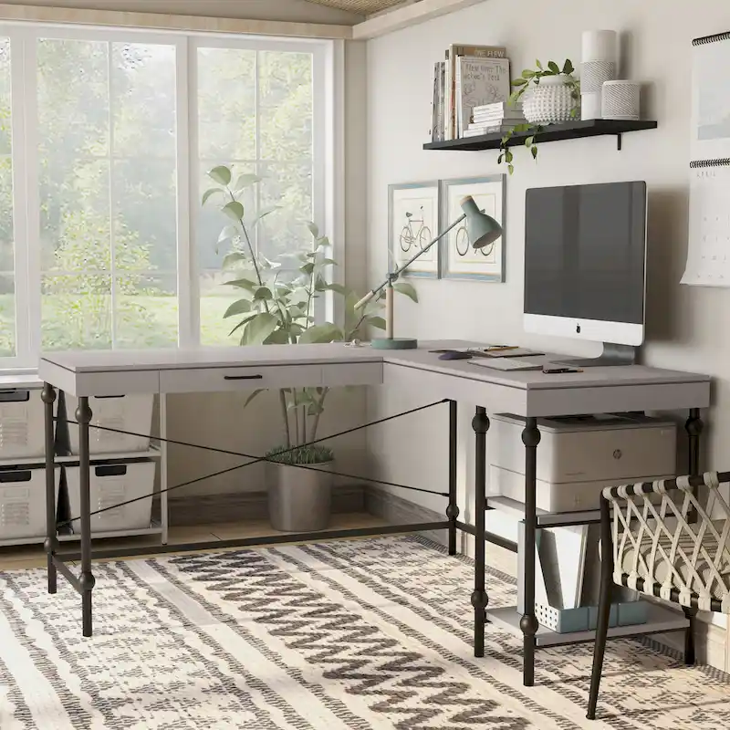 Haley Farmhouse 59-inch Metal L-Shaped Computer Desk with USBs by Furniture of America
