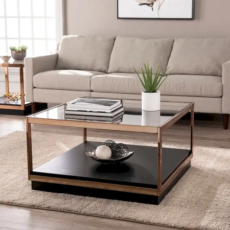 Transitional style square metal coffee table, glass top, wooden base