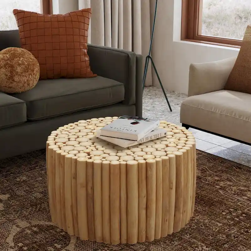 Round Natural Brown Solid Teak Wood Branch Bundle Coffee Table