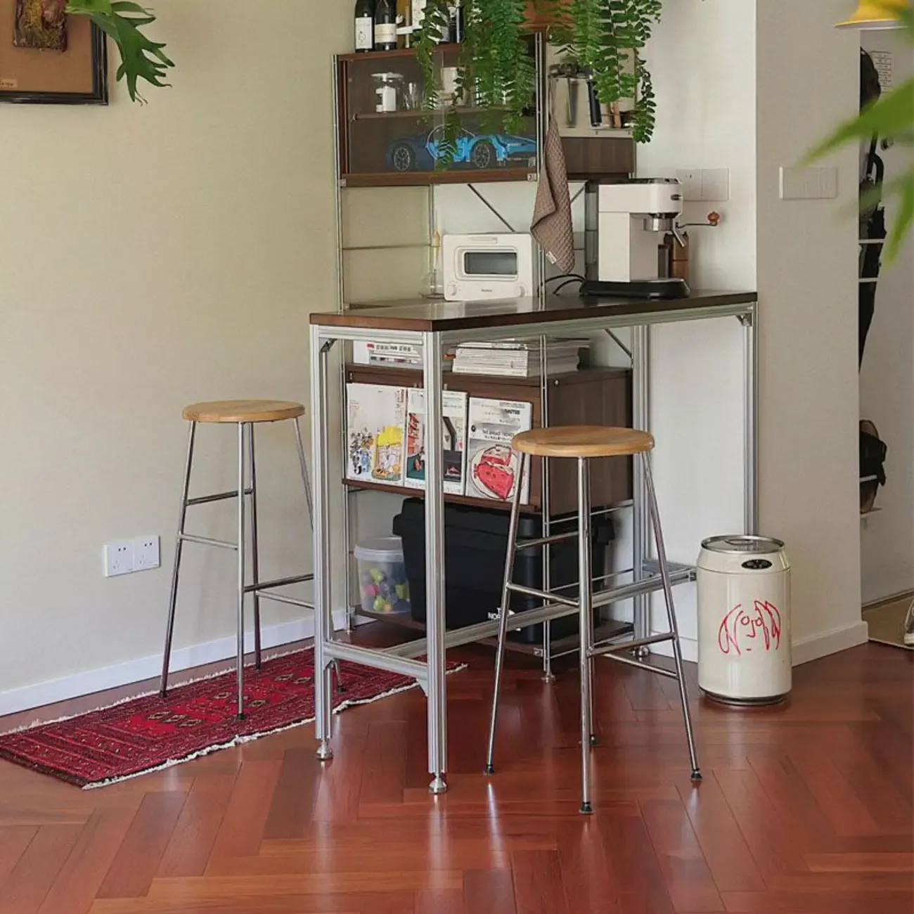Modern Brown Wood Silver Metal Trestle Bar Tables