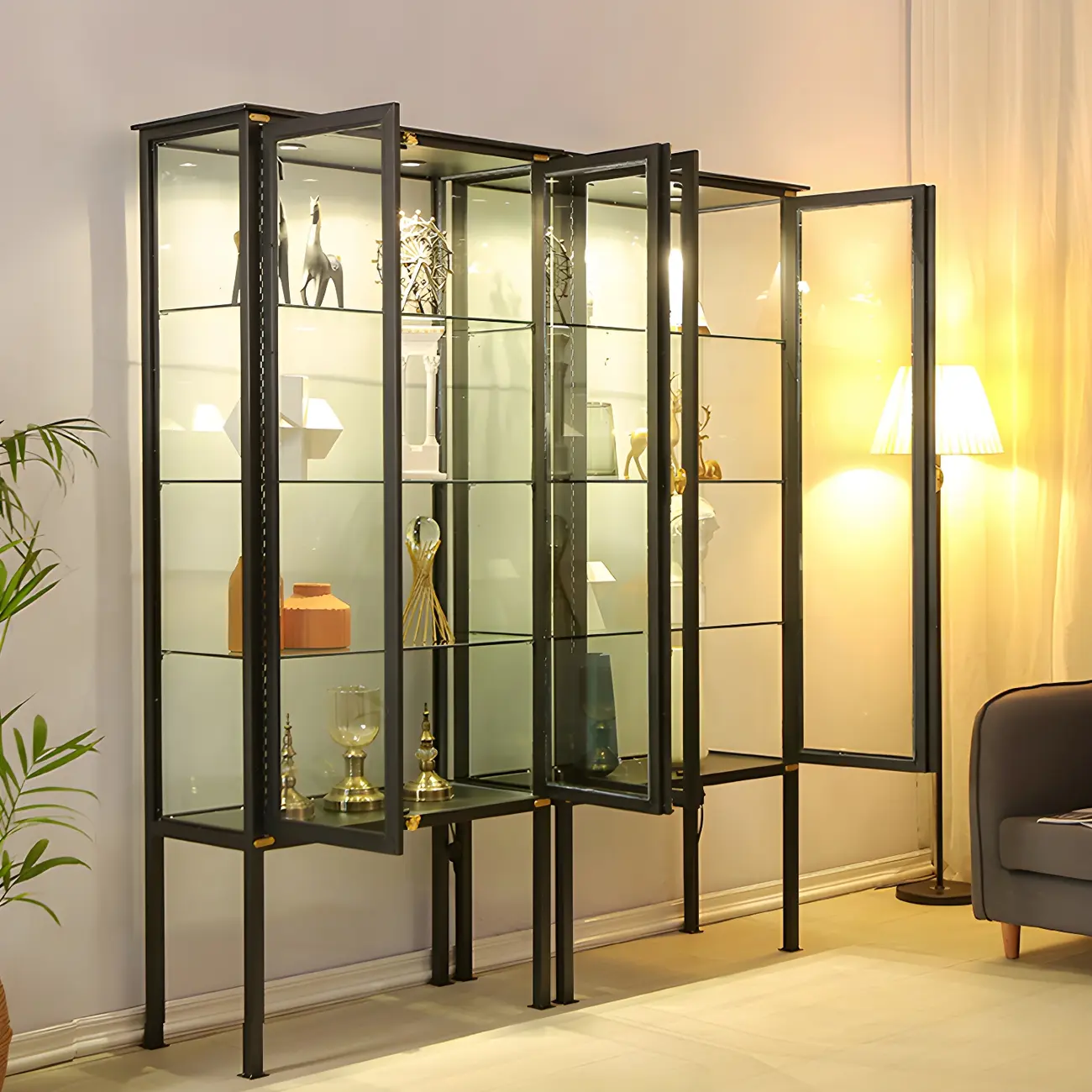 Glam Black Metal Frame Glass Curio Cabinet