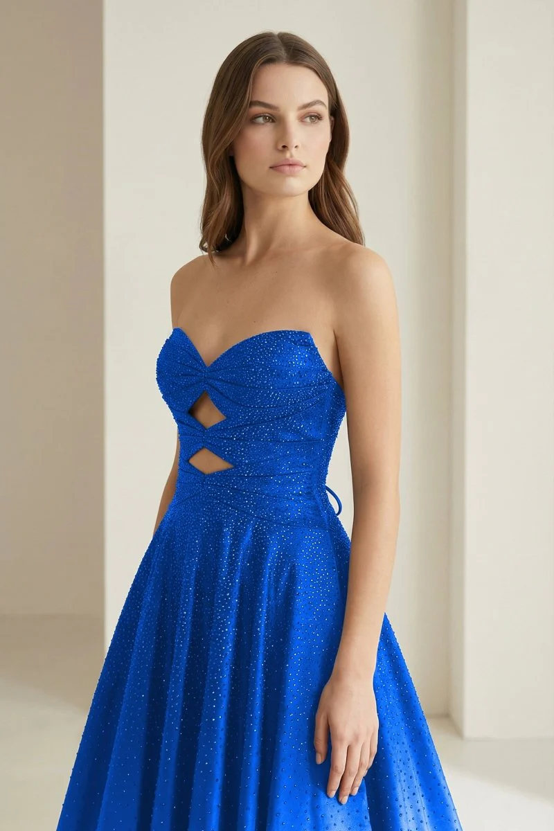 Sky Blue Strapless A Line Satin Beaded Long Prom Dresses With Cutout