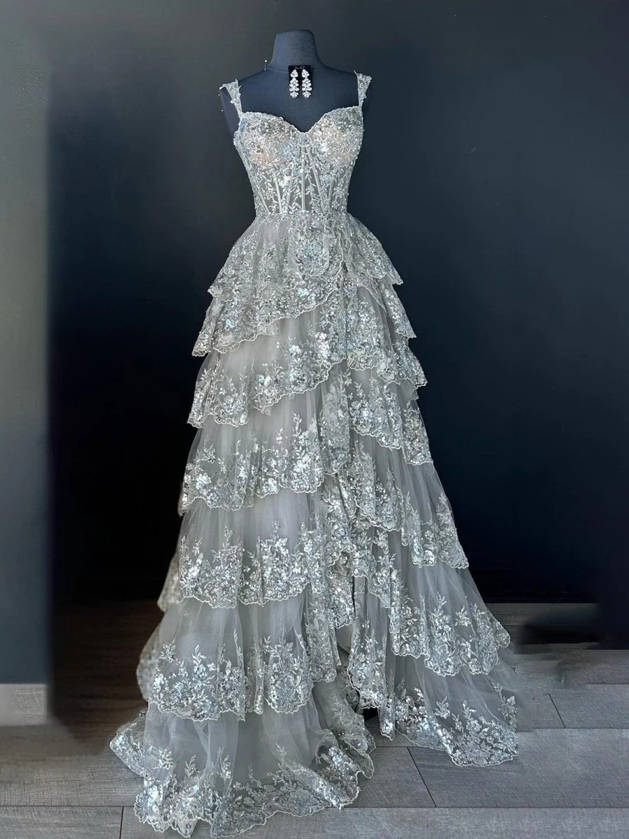 A-Line Lace Off-the-Shoulder Tiered Long Prom Dress with Slit