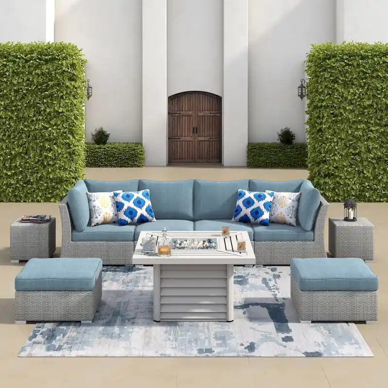 Corvus 9-piece Grey Wicker Patio Sectional Conversation Set with Fire Pit
