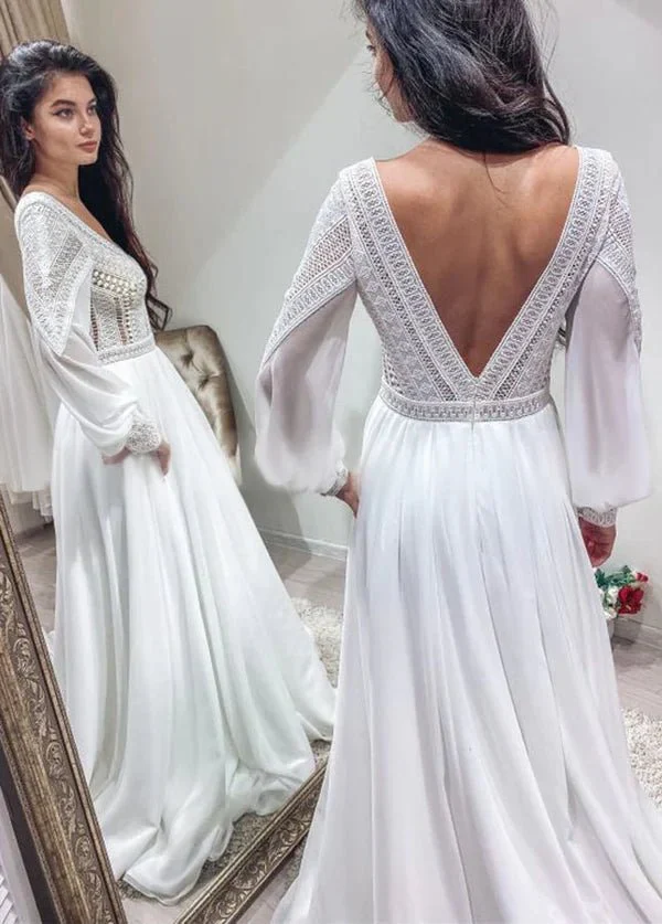 Bohemian Chiffon Backless A-Line Lace Long Sleeves Backless Wedding Dresses
