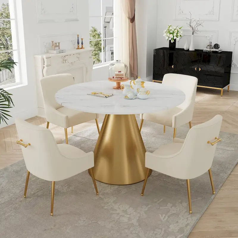 48 Marble Top Metal Dining Table with Velvet Dining Chair Set