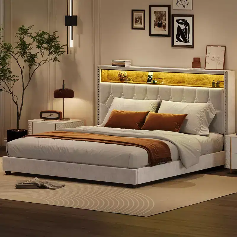 King Bed Frame, Upholstered Headboard Platform Bed with Charging Station and Bookcase, No Noise, Stable,with Light, No Box Spring Needed, Off White
